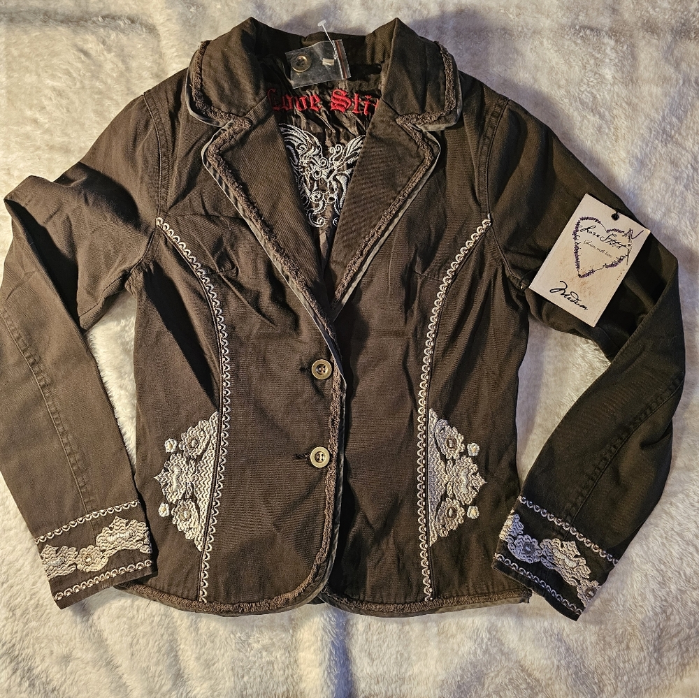 Love Stitch Brown Boho Jean Jacket with Tan Embroidery Detailing Size Medium